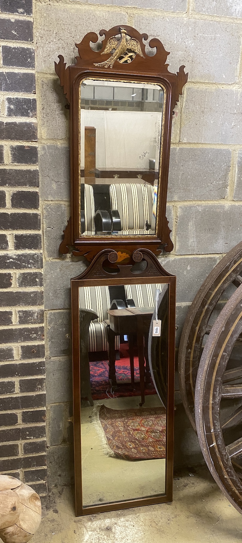 A George III style parcel gilt inlaid mahogany fret cut wall mirror, width 50cm, height 90cm together with a larger robing mirror